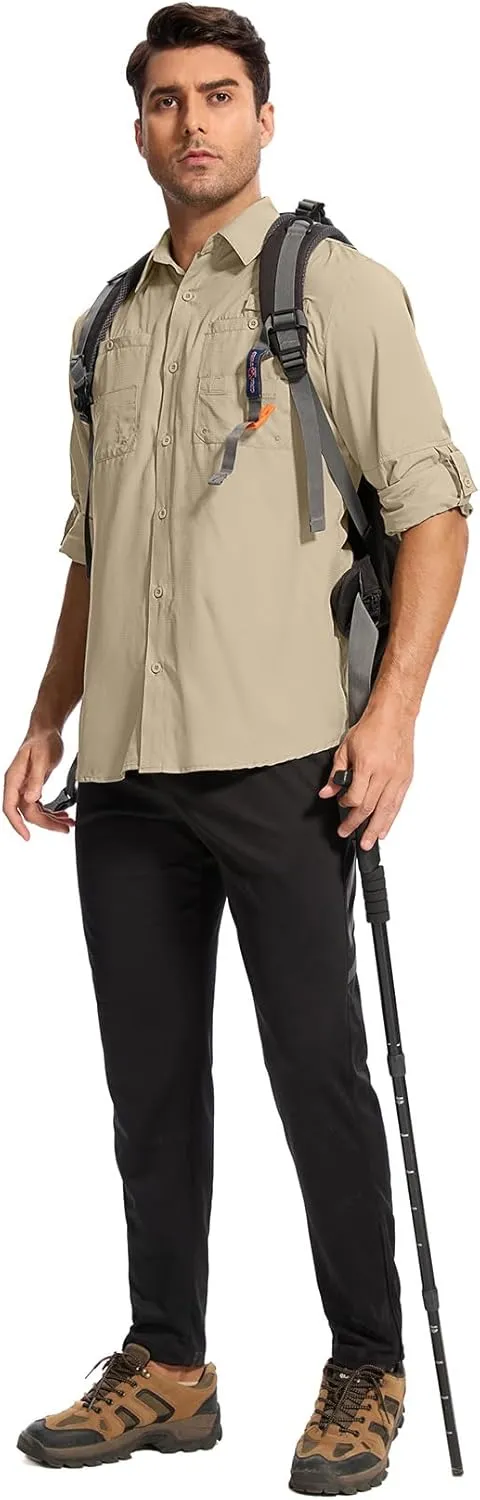 Mens Safari Shirt Long Sleeve UPF 50  Sun Protection Fishing Shirts MenConvertible Cuffs Hiking Shirts for Men