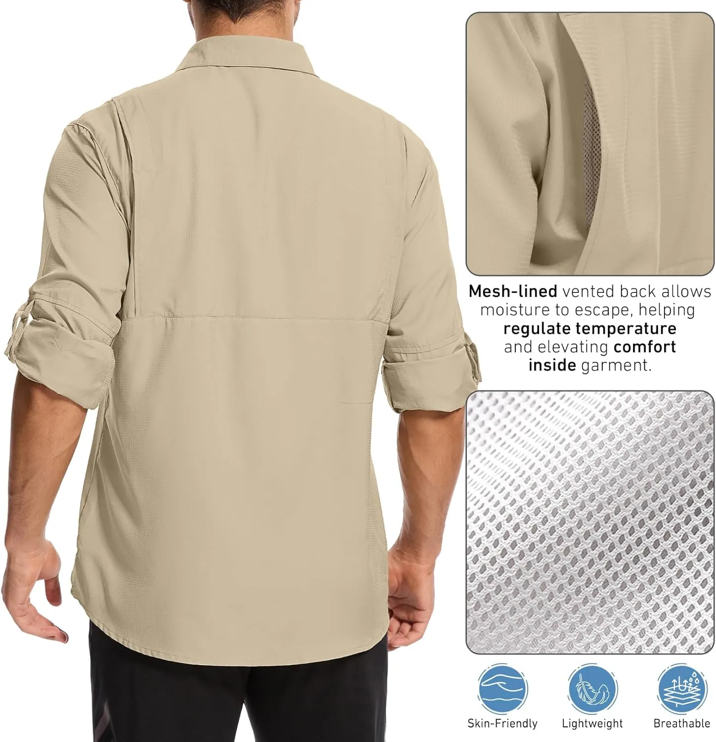 Mens Safari Shirt Long Sleeve UPF 50  Sun Protection Fishing Shirts MenConvertible Cuffs Hiking Shirts for Men