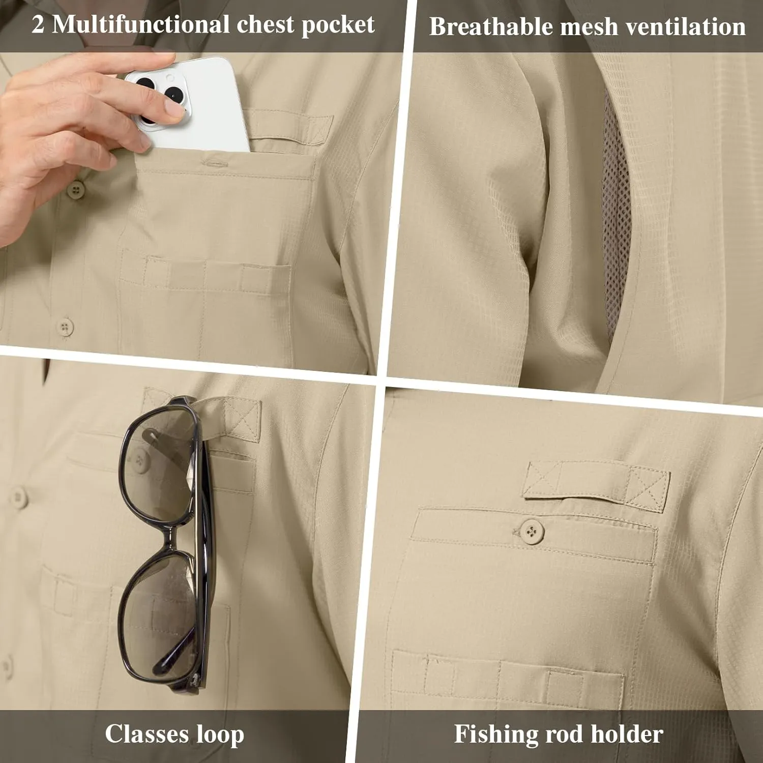 Mens Safari Shirt Long Sleeve UPF 50  Sun Protection Fishing Shirts MenConvertible Cuffs Hiking Shirts for Men