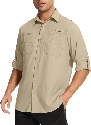 Mens Safari Shirt Long Sleeve UPF 50  Sun Protection Fishing Shirts MenConvertible Cuffs Hiking Shirts for Men