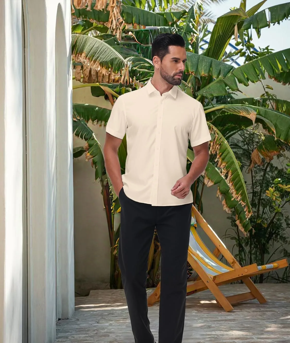 Mens Short Sleeve Dress Shirts Stretch Button Down Wrinkle Free Casual Solid Formal Shirt for Summer Business Wedding