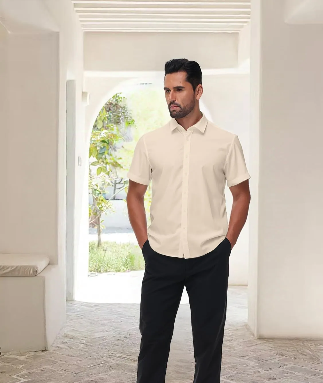 Mens Short Sleeve Dress Shirts Stretch Button Down Wrinkle Free Casual Solid Formal Shirt for Summer Business Wedding
