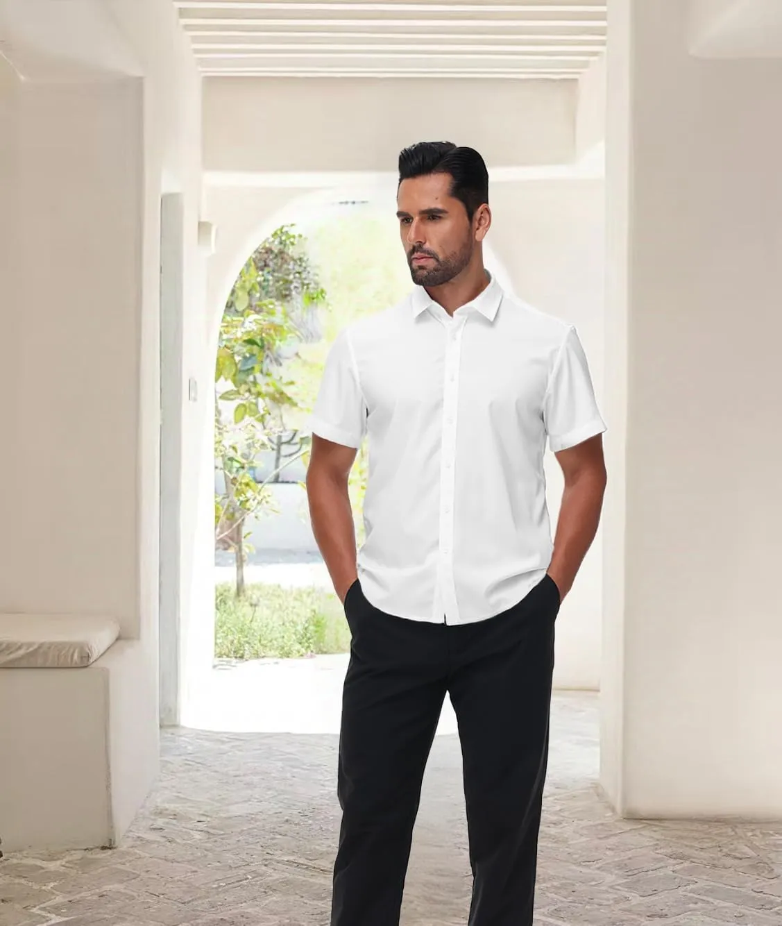 Mens Short Sleeve Dress Shirts Stretch Button Down Wrinkle Free Casual Solid Formal Shirt for Summer Business Wedding