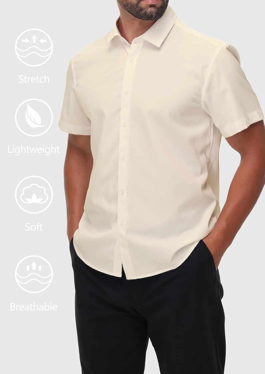 Mens Short Sleeve Dress Shirts Stretch Button Down Wrinkle Free Casual Solid Formal Shirt for Summer Business Wedding