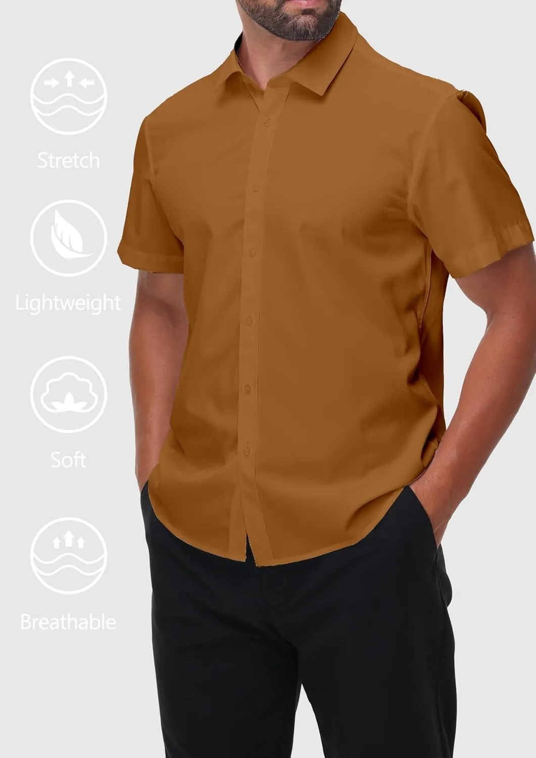 Mens Short Sleeve Dress Shirts Stretch Button Down Wrinkle Free Casual Solid Formal Shirt for Summer Business Wedding