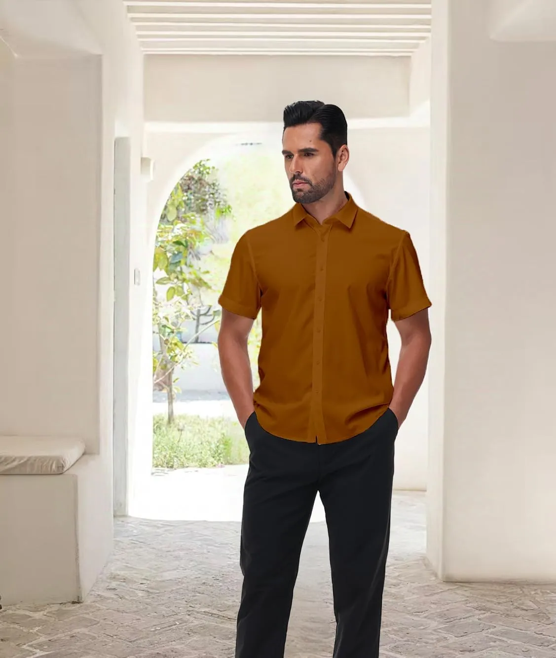 Mens Short Sleeve Dress Shirts Stretch Button Down Wrinkle Free Casual Solid Formal Shirt for Summer Business Wedding