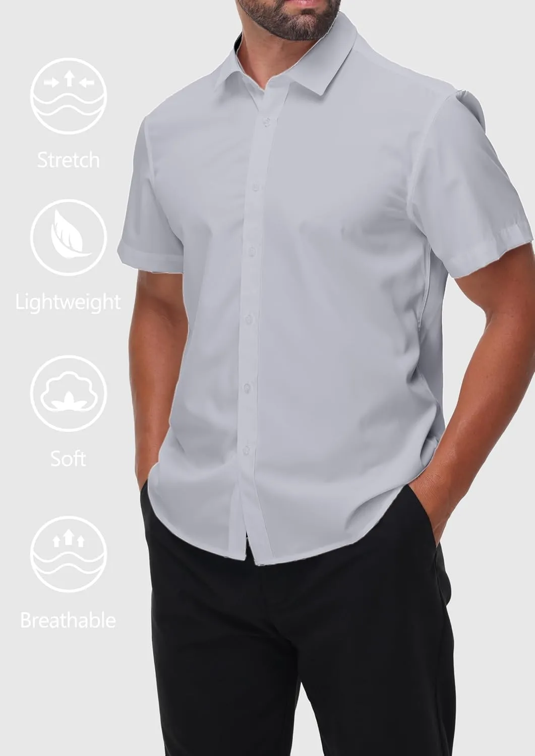 Mens Short Sleeve Dress Shirts Stretch Button Down Wrinkle Free Casual Solid Formal Shirt for Summer Business Wedding