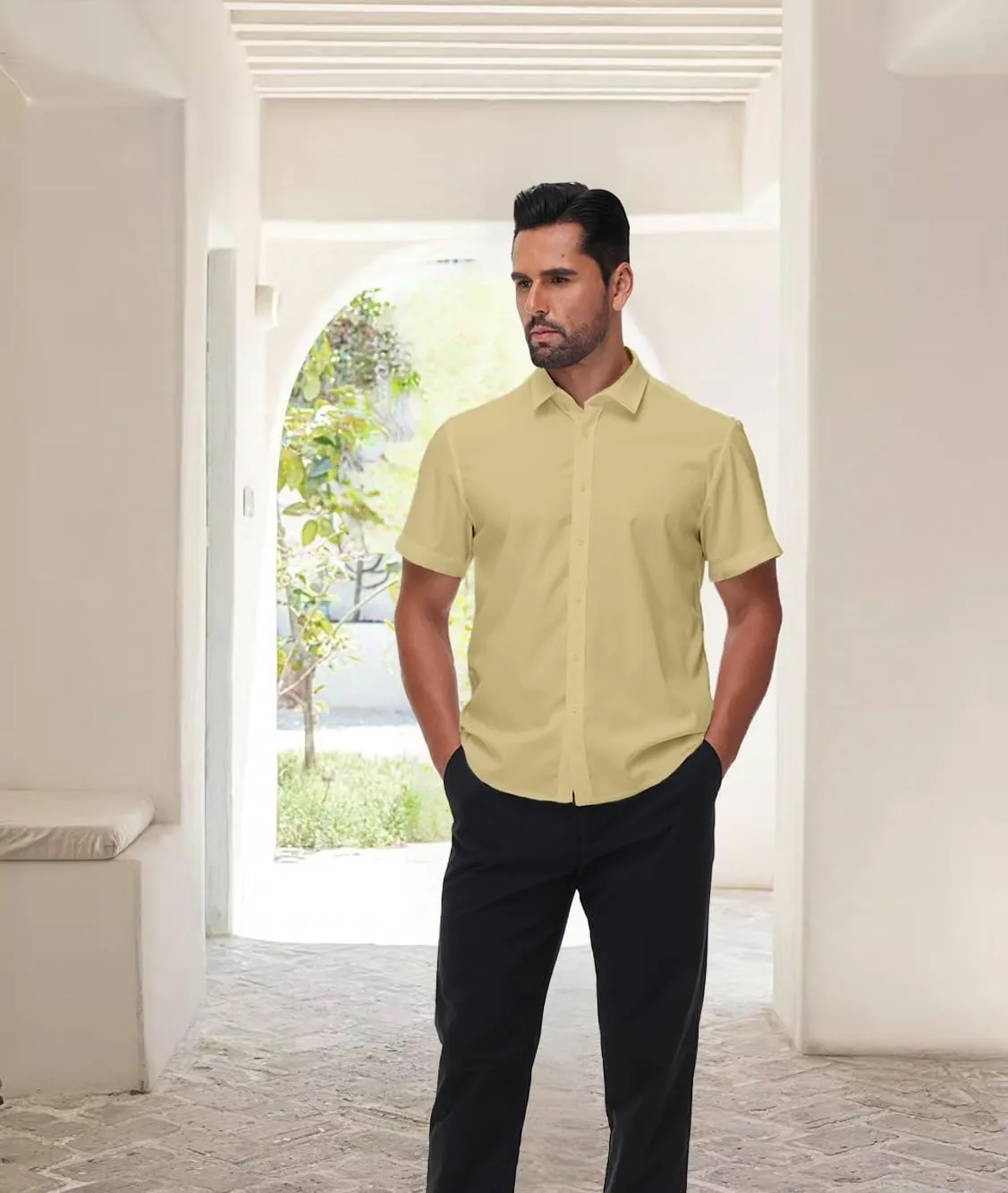 Mens Short Sleeve Dress Shirts Stretch Button Down Wrinkle Free Casual Solid Formal Shirt for Summer Business Wedding