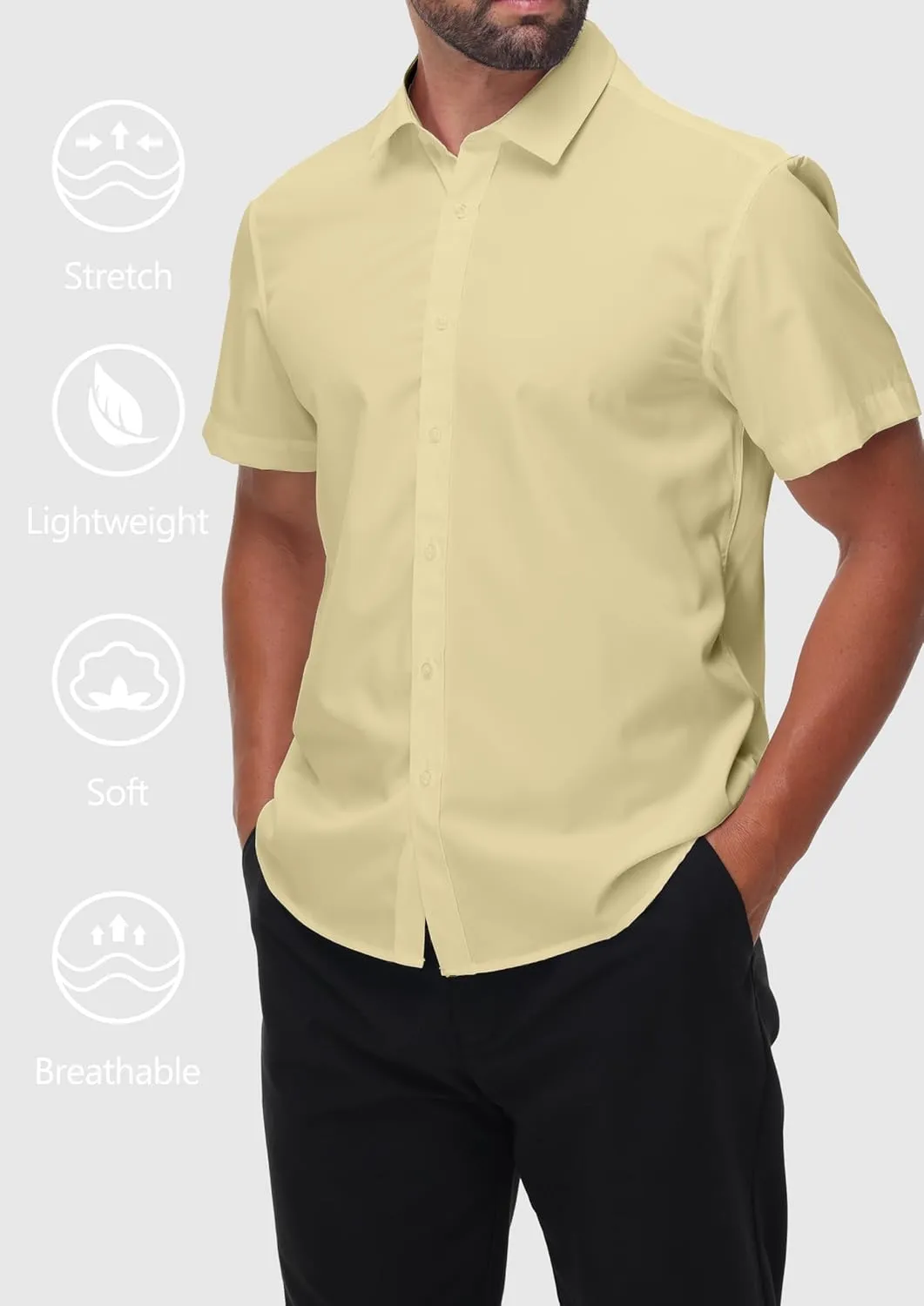 Mens Short Sleeve Dress Shirts Stretch Button Down Wrinkle Free Casual Solid Formal Shirt for Summer Business Wedding