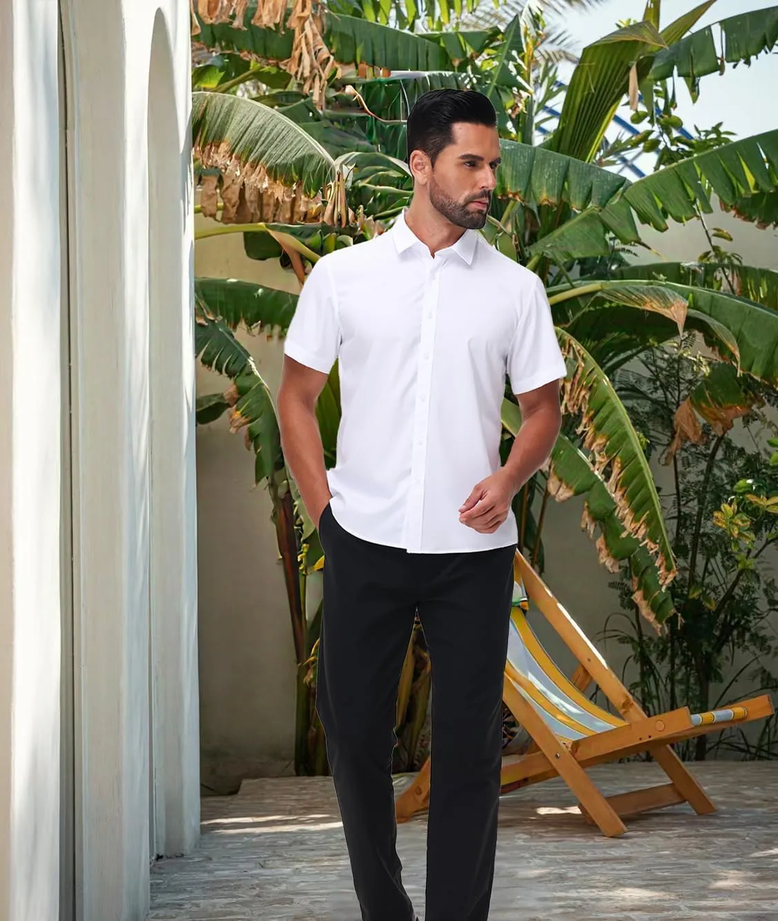 Mens Short Sleeve Dress Shirts Stretch Button Down Wrinkle Free Casual Solid Formal Shirt for Summer Business Wedding