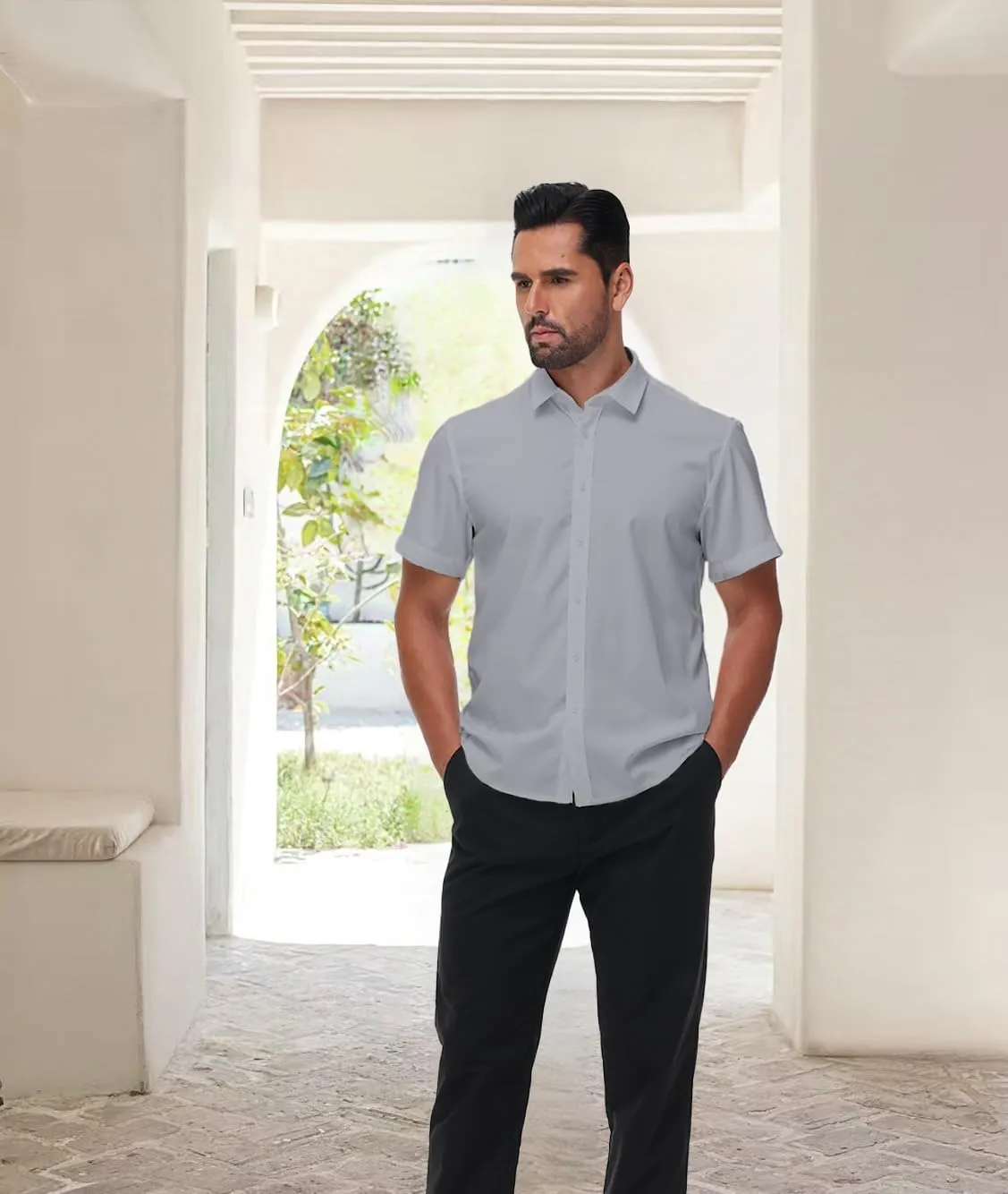 Mens Short Sleeve Dress Shirts Stretch Button Down Wrinkle Free Casual Solid Formal Shirt for Summer Business Wedding
