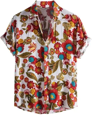 Men's Short Sleeve Shirts Vintage Floral Hawaiian Tops Quick Dry Breathable Dress Shirts