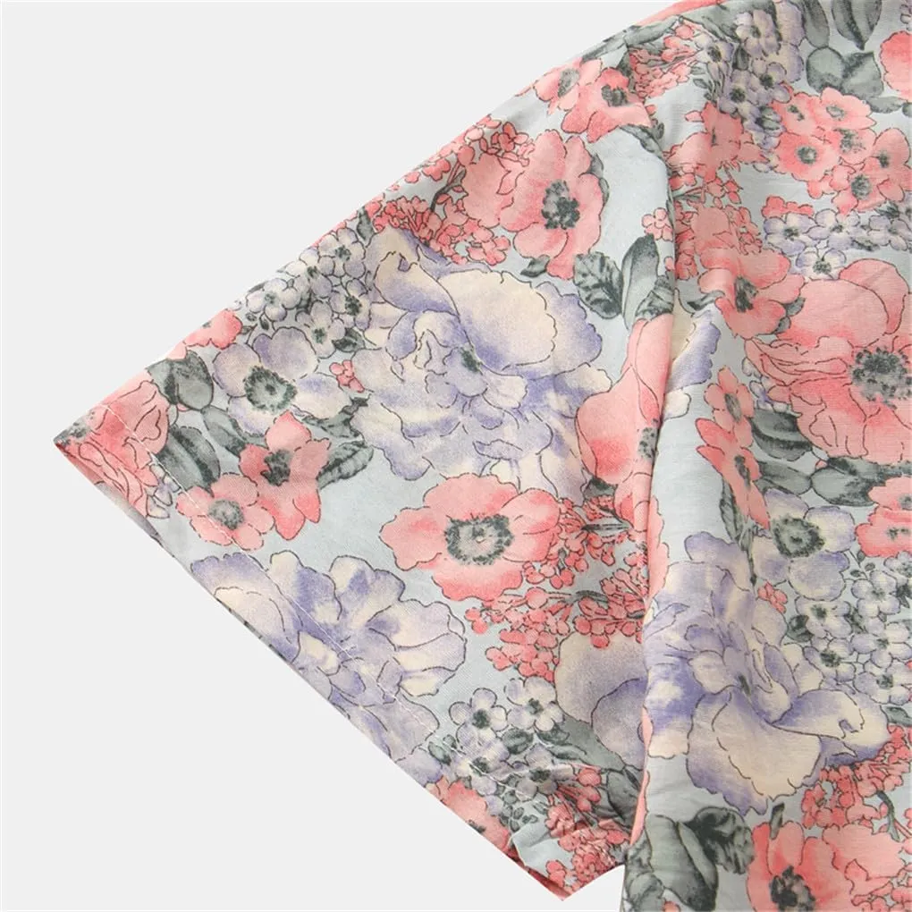Men's Short Sleeve Shirts Vintage Floral Hawaiian Tops Quick Dry Breathable Dress Shirts