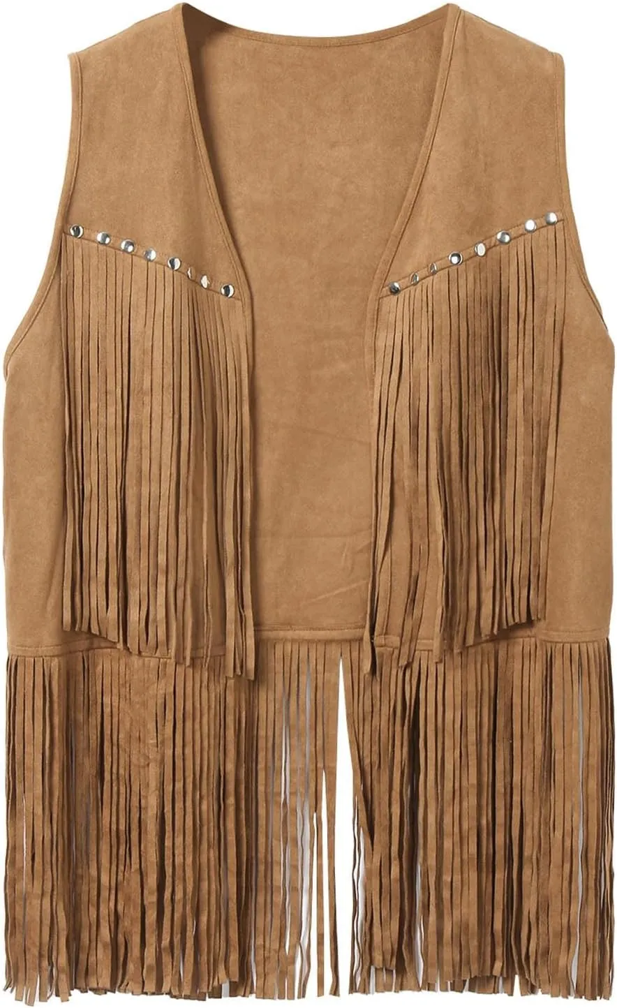 Men's Sleeveless V Neck Fringe Trim Open Front Studded Cowboy Western Hippie Faux Suede Vest Jacket Tassel Tops