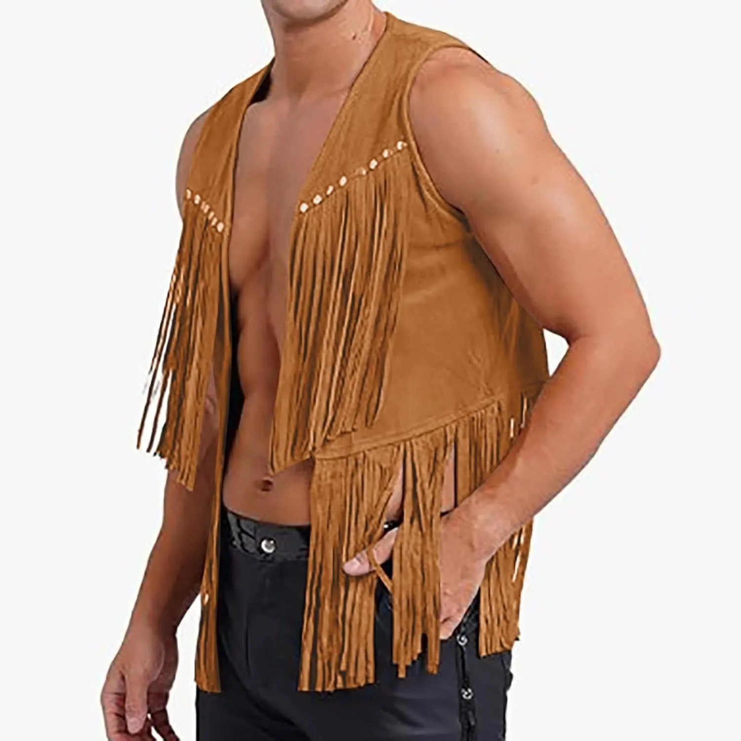 Men's Sleeveless V Neck Fringe Trim Open Front Studded Cowboy Western Hippie Faux Suede Vest Jacket Tassel Tops