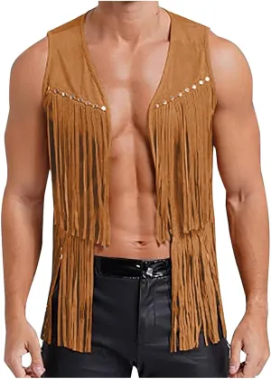 Men's Sleeveless V Neck Fringe Trim Open Front Studded Cowboy Western Hippie Faux Suede Vest Jacket Tassel Tops