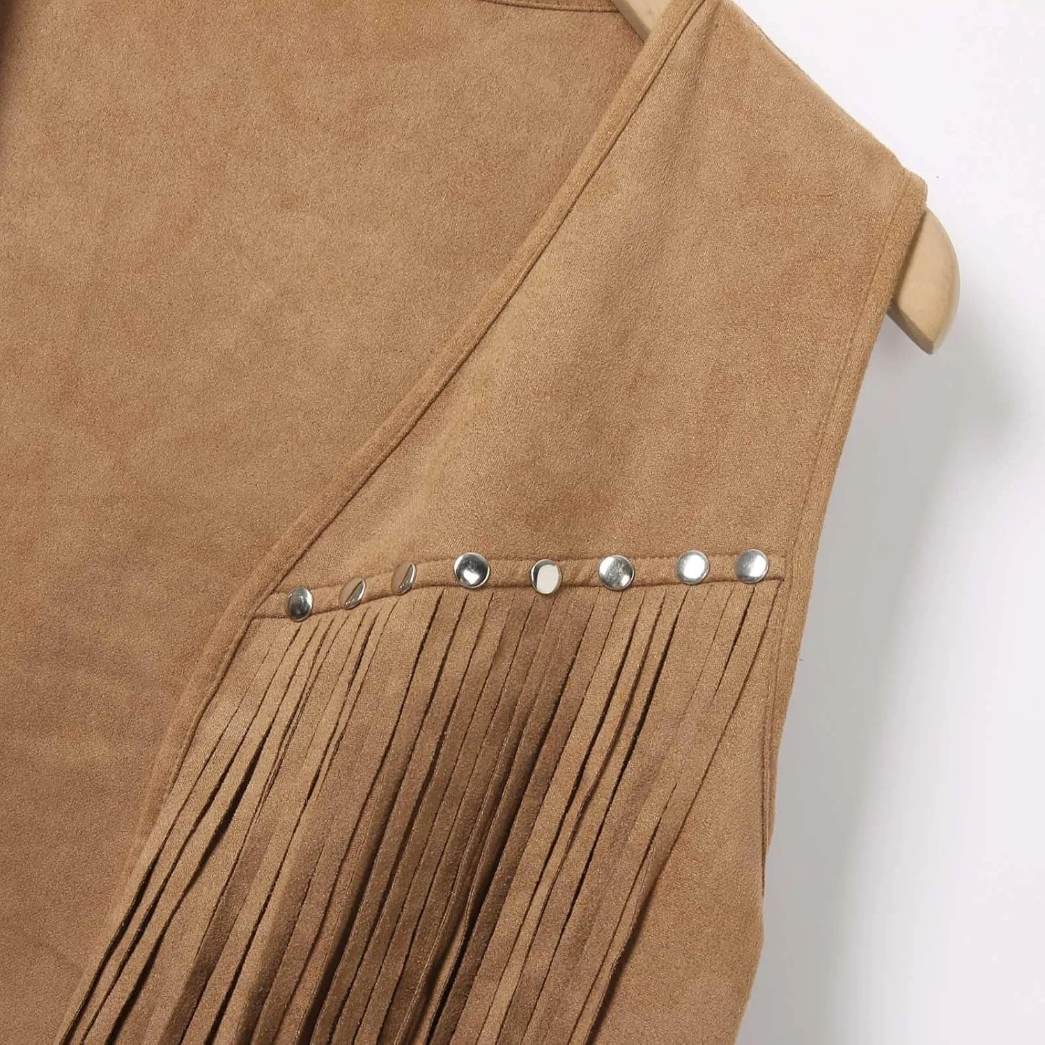 Men's Sleeveless V Neck Fringe Trim Open Front Studded Cowboy Western Hippie Faux Suede Vest Jacket Tassel Tops