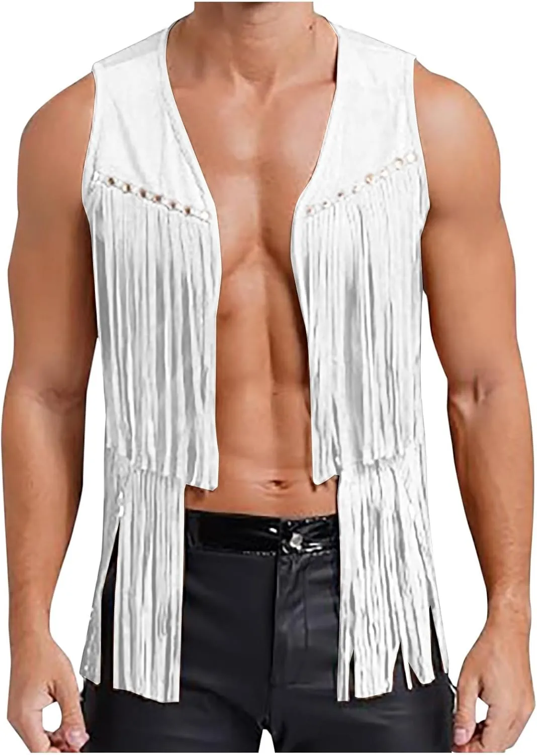 Men's Sleeveless V Neck Fringe Trim Open Front Studded Cowboy Western Hippie Faux Suede Vest Jacket Tassel Tops