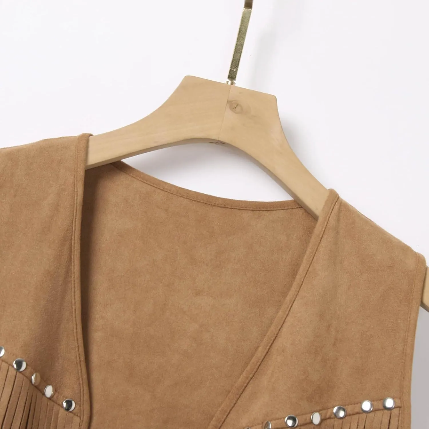 Men's Sleeveless V Neck Fringe Trim Open Front Studded Cowboy Western Hippie Faux Suede Vest Jacket Tassel Tops