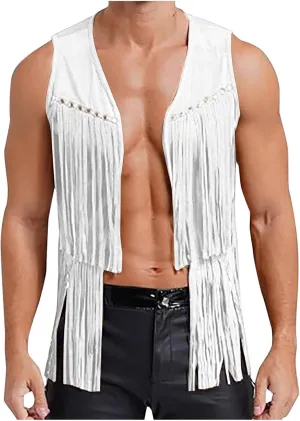 Men's Sleeveless V Neck Fringe Trim Open Front Studded Cowboy Western Hippie Faux Suede Vest Jacket Tassel Tops