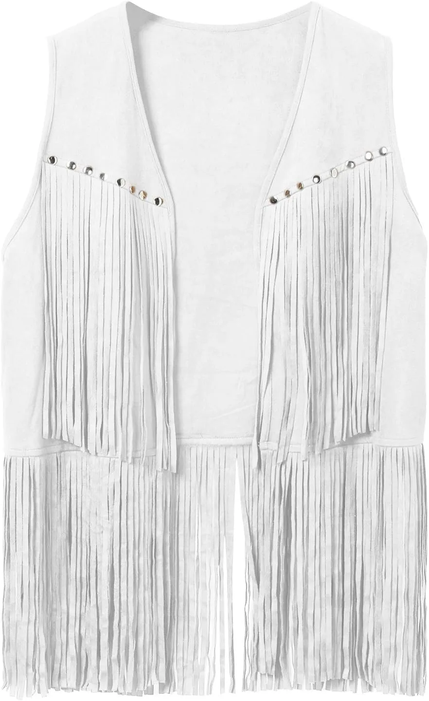 Men's Sleeveless V Neck Fringe Trim Open Front Studded Cowboy Western Hippie Faux Suede Vest Jacket Tassel Tops