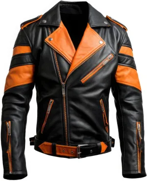 Mens Stylish Moto Racing Orange Black Asymmetrical Lapel Collar Slim Fit Belt Riding Real Leather Jacket Streetwear