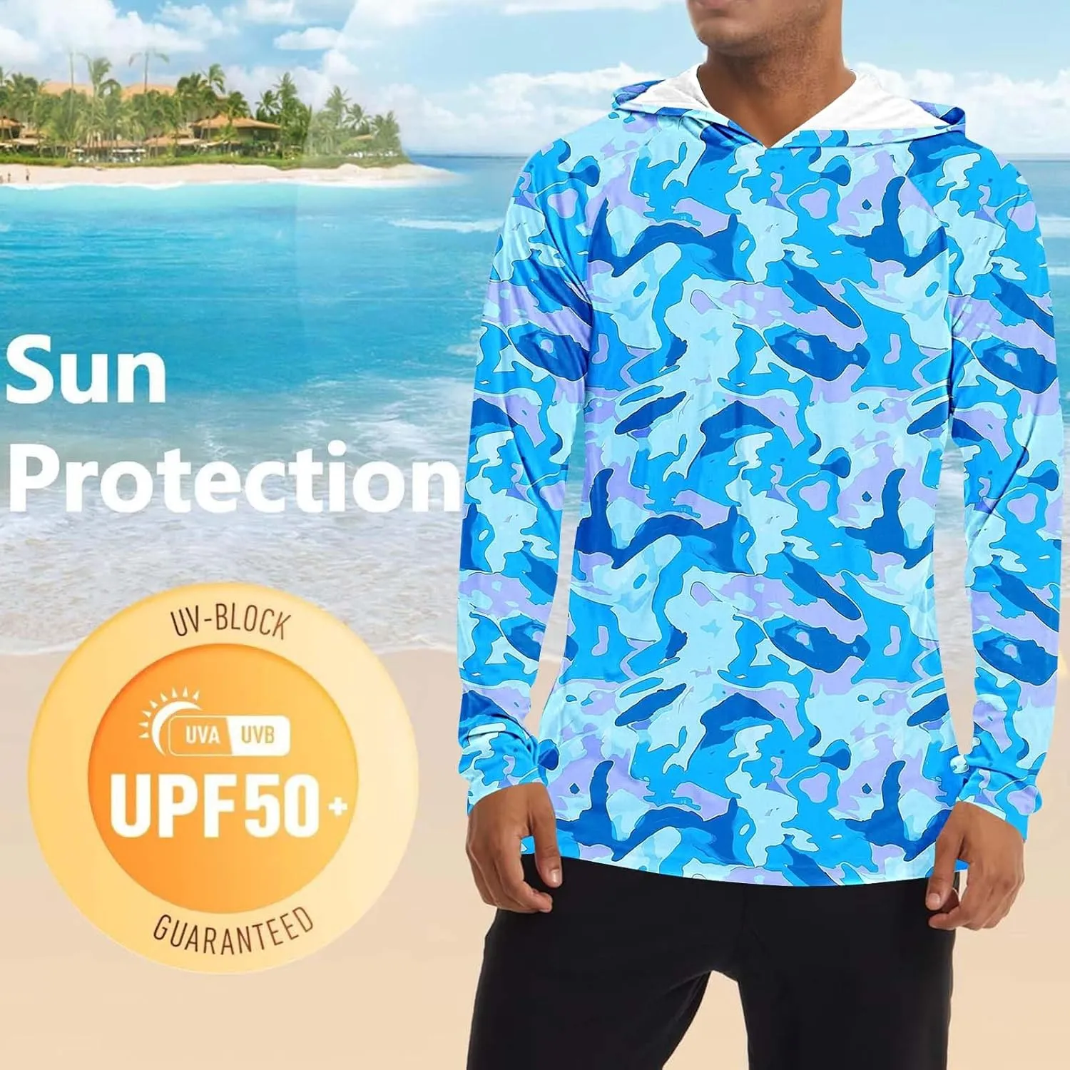 Men's Sun Protection Hoodie Shirt UPF 50  Long Sleeve Rash Guard Outdoor Fishing Lightweight Camo Quick Dry UV Shirts