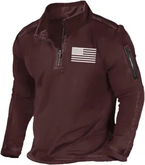 Mens Tactical Sweatshirts with No Hood Long Sleeve Stand Collar Casual 1/4 Zip American Flag Patriotic Pullover Sweater Tops