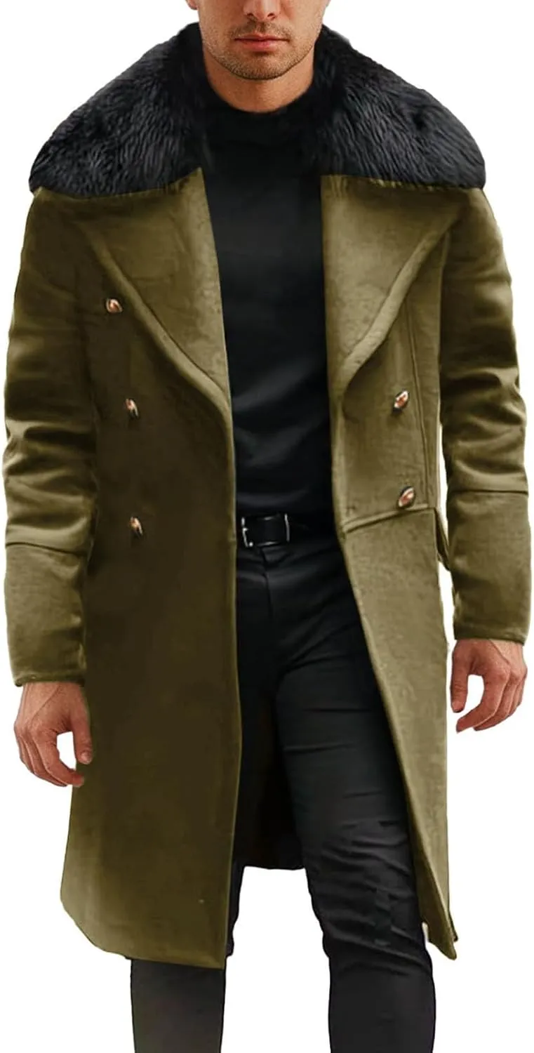 Men's Trench Coat Double Breasted Pea Coat Faux Fur Collar Long Coat Long Sleeve Lapel Overcoat Warm Winter Outwear