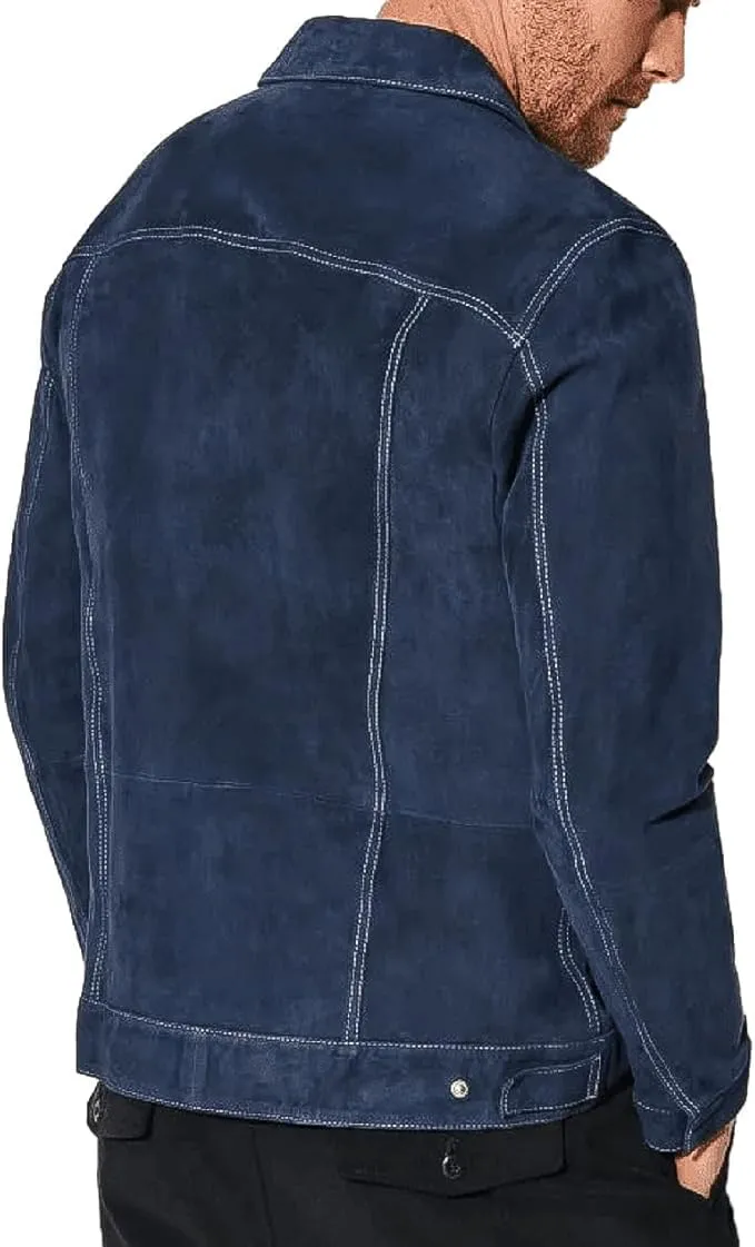 Mens Trucker Casual Western Fashion Cowboy Turn-Down Collar Shirt Style Suede Leather Jacket