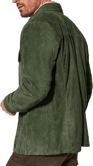 Mens Trucker Casual Western Fashion Cowboy Turn-Down Collar Shirt Style Suede Leather Jacket