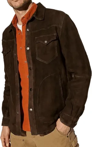 Mens Trucker Casual Western Fashion Cowboy Turn-Down Collar Shirt Style Suede Leather Jacket