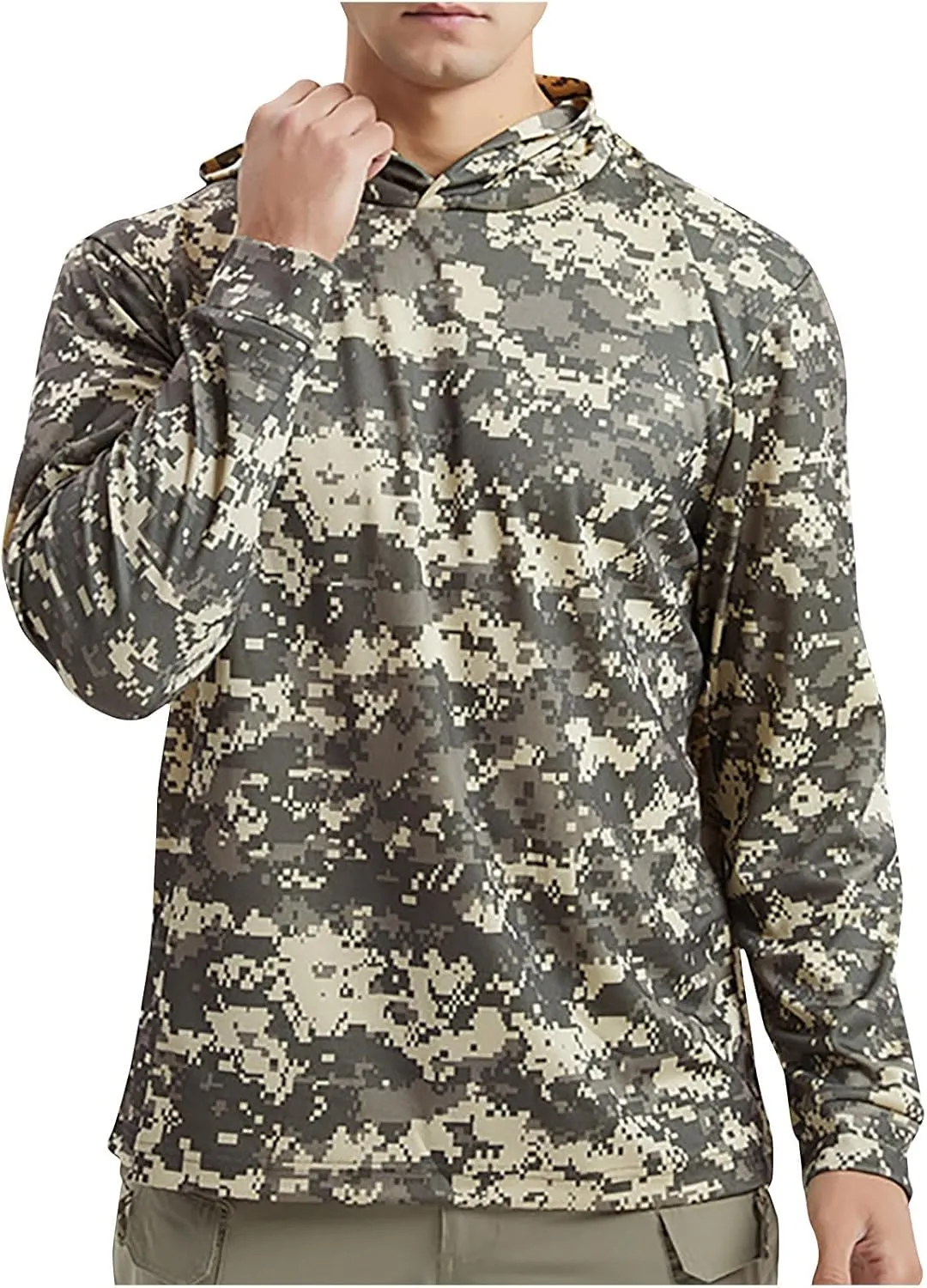 Mens UPF 50  Hoodie Rash Guard Sun Protection UV Shirt Tactical Camo Shirt Summer Long Sleeve Quick Dry Lightweight