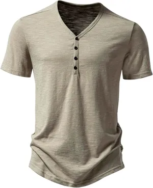 Men's V Neck Henley T-Shirts Classic Comfort Soft Regular Fit Short Sleeve Three Buttons Tops Quick Dry Sports Tees