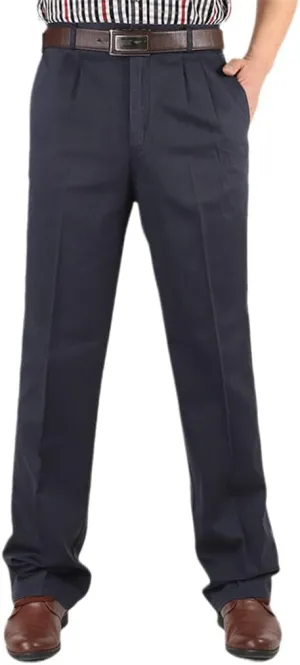 Middle-Aged Mens Cotton High Waist Trousers, Autumn Winter Loose Thicken Warm Business Casual Pants