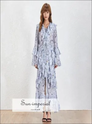 Mila Dress- Vintage Floral Maxi Long Sleeve V Neck High Waist Dress with Sequins Patchwork