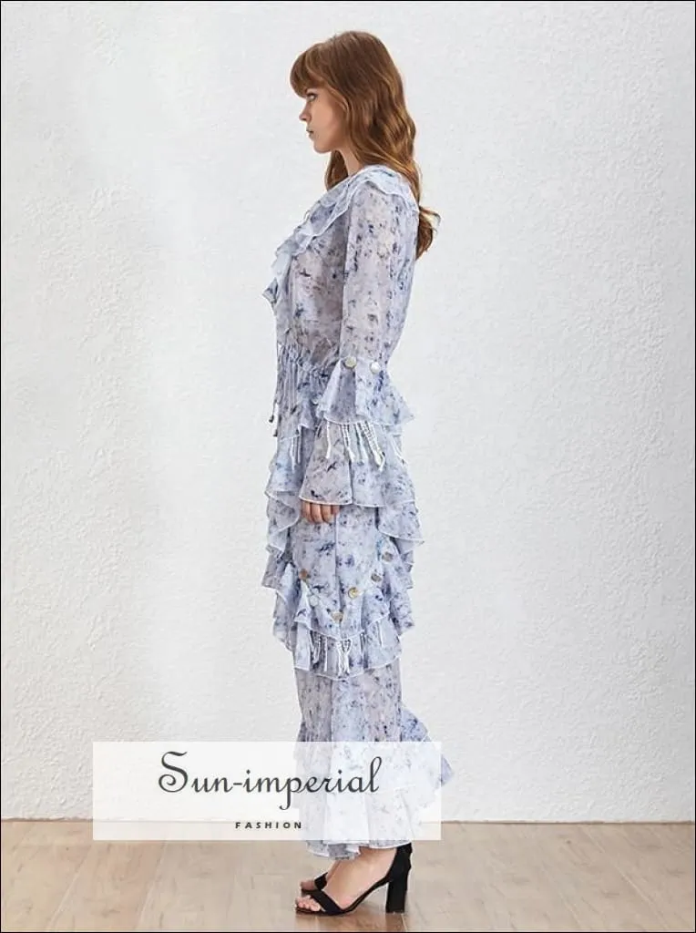 Mila Dress- Vintage Floral Maxi Long Sleeve V Neck High Waist Dress with Sequins Patchwork