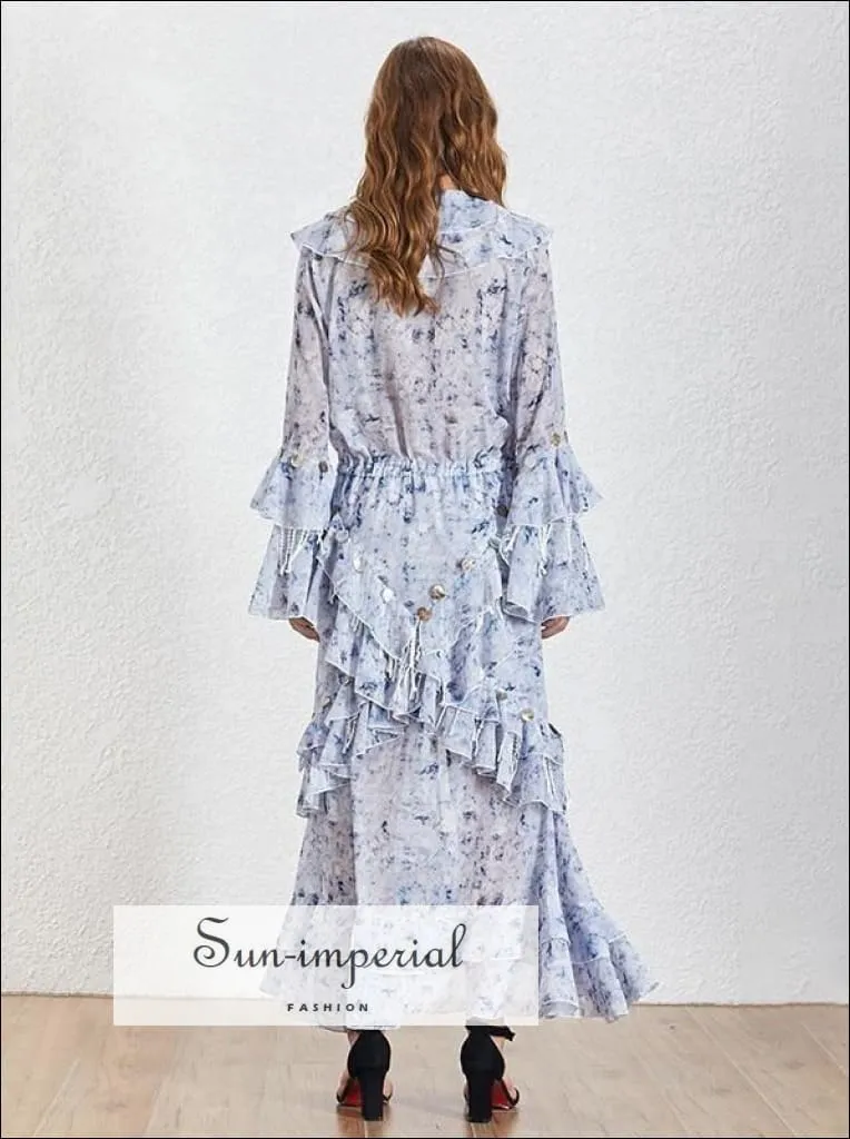 Mila Dress- Vintage Floral Maxi Long Sleeve V Neck High Waist Dress with Sequins Patchwork