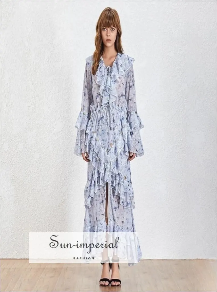 Mila Dress- Vintage Floral Maxi Long Sleeve V Neck High Waist Dress with Sequins Patchwork