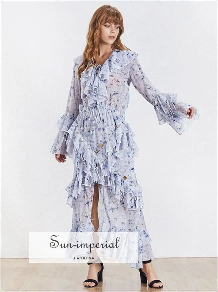 Mila Dress- Vintage Floral Maxi Long Sleeve V Neck High Waist Dress with Sequins Patchwork