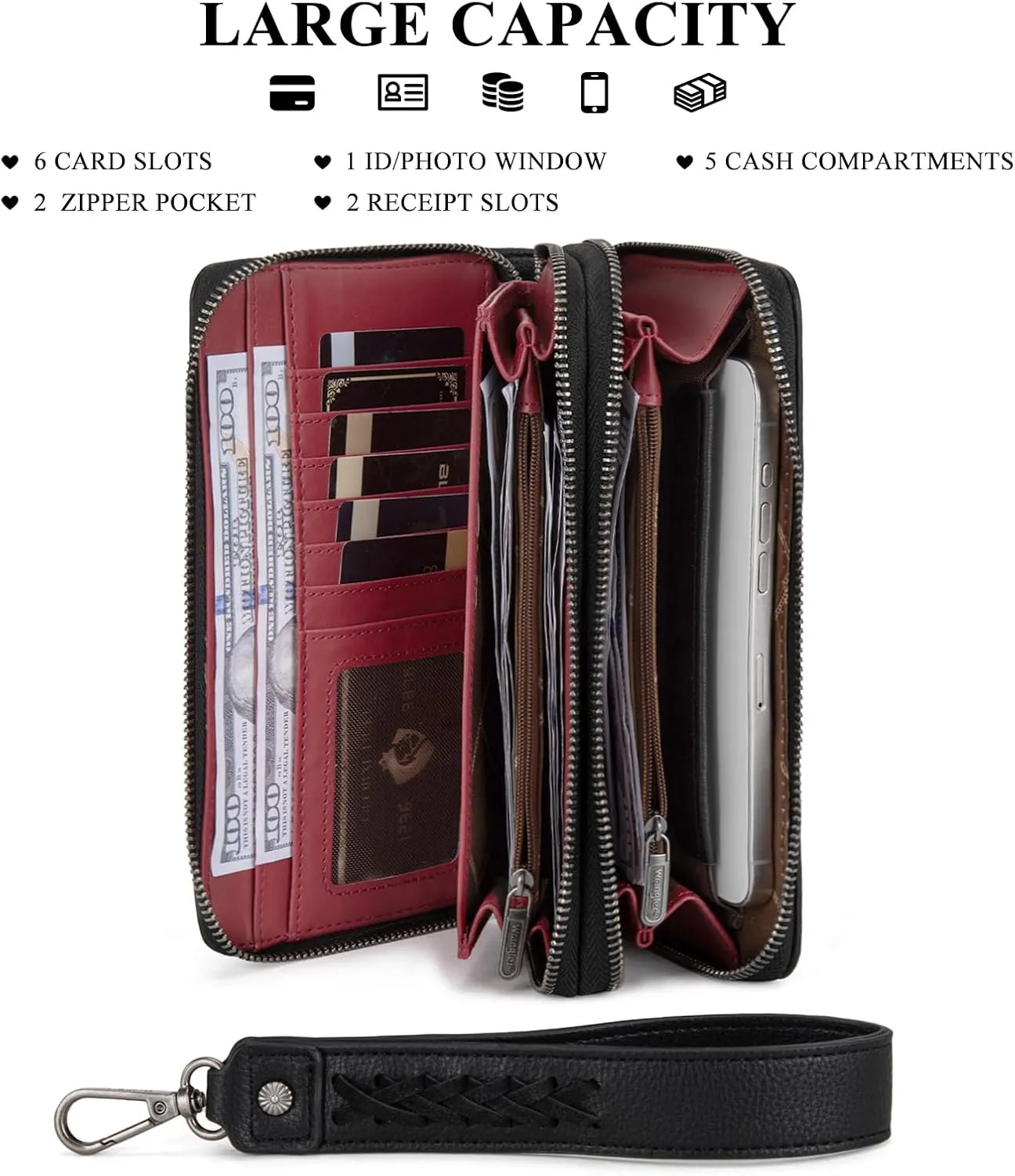 Montana West X Wrangler Large Capacity Women Wristlet Dual Zipper Wallet with Id Window and Smooth Metal Zipper