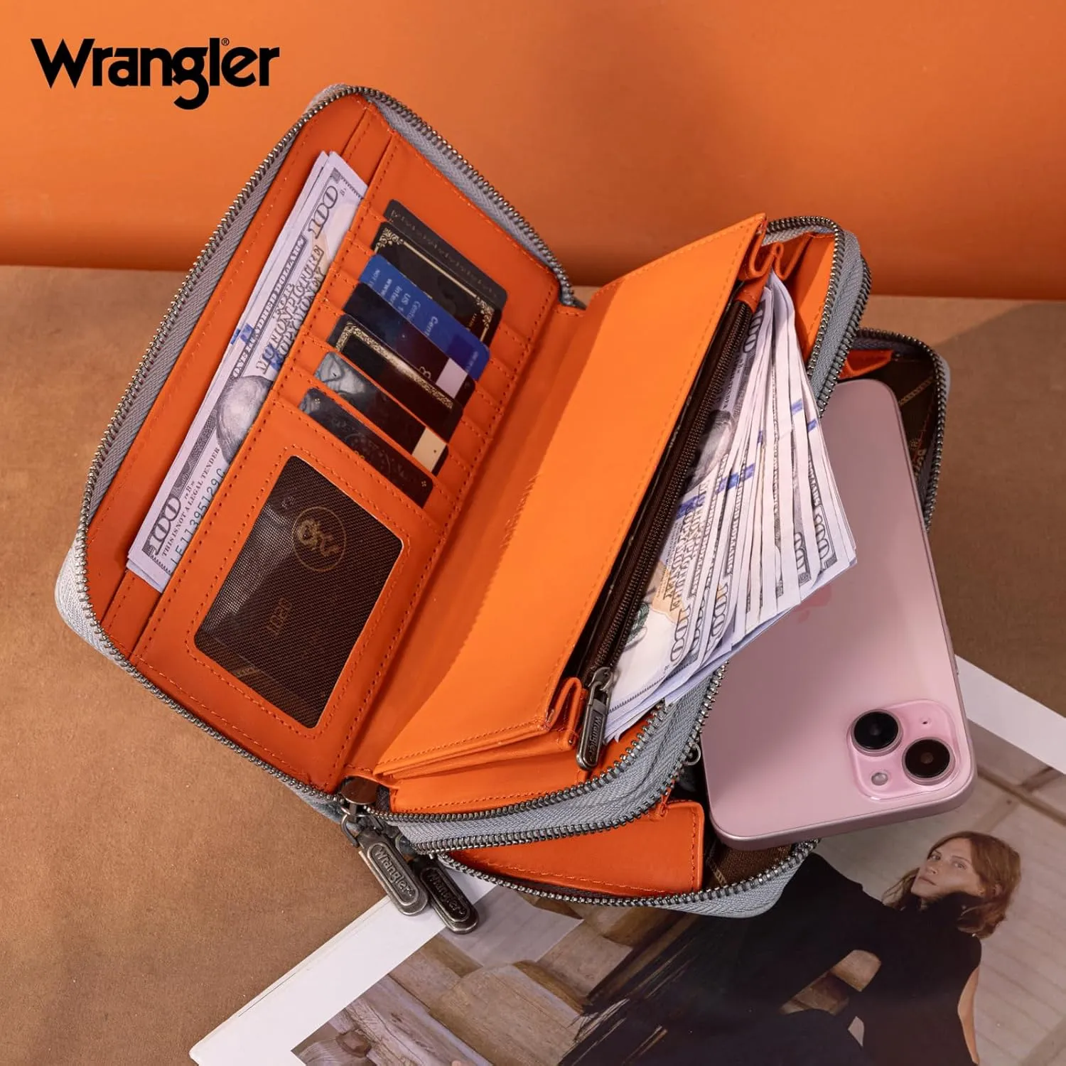 Montana West X Wrangler Large Capacity Women Wristlet Dual Zipper Wallet with Id Window and Smooth Metal Zipper