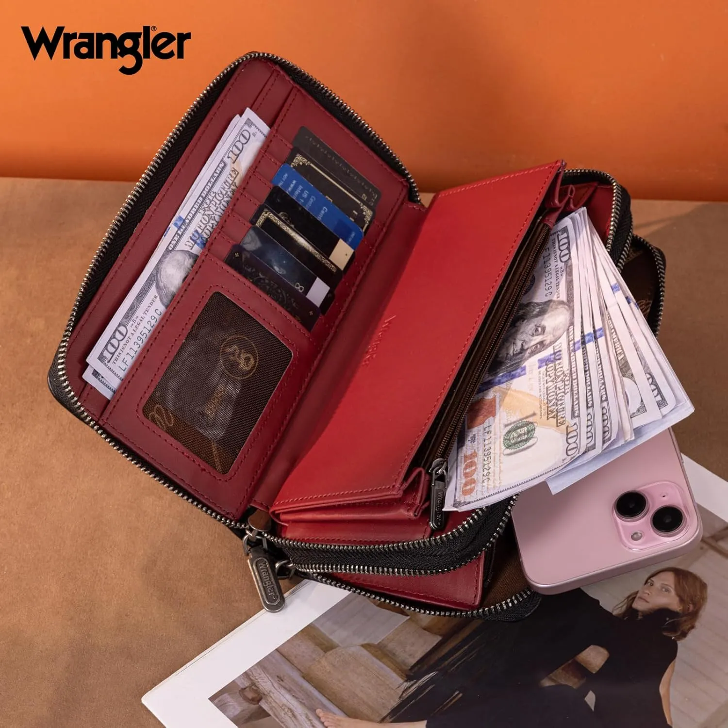 Montana West X Wrangler Large Capacity Women Wristlet Dual Zipper Wallet with Id Window and Smooth Metal Zipper