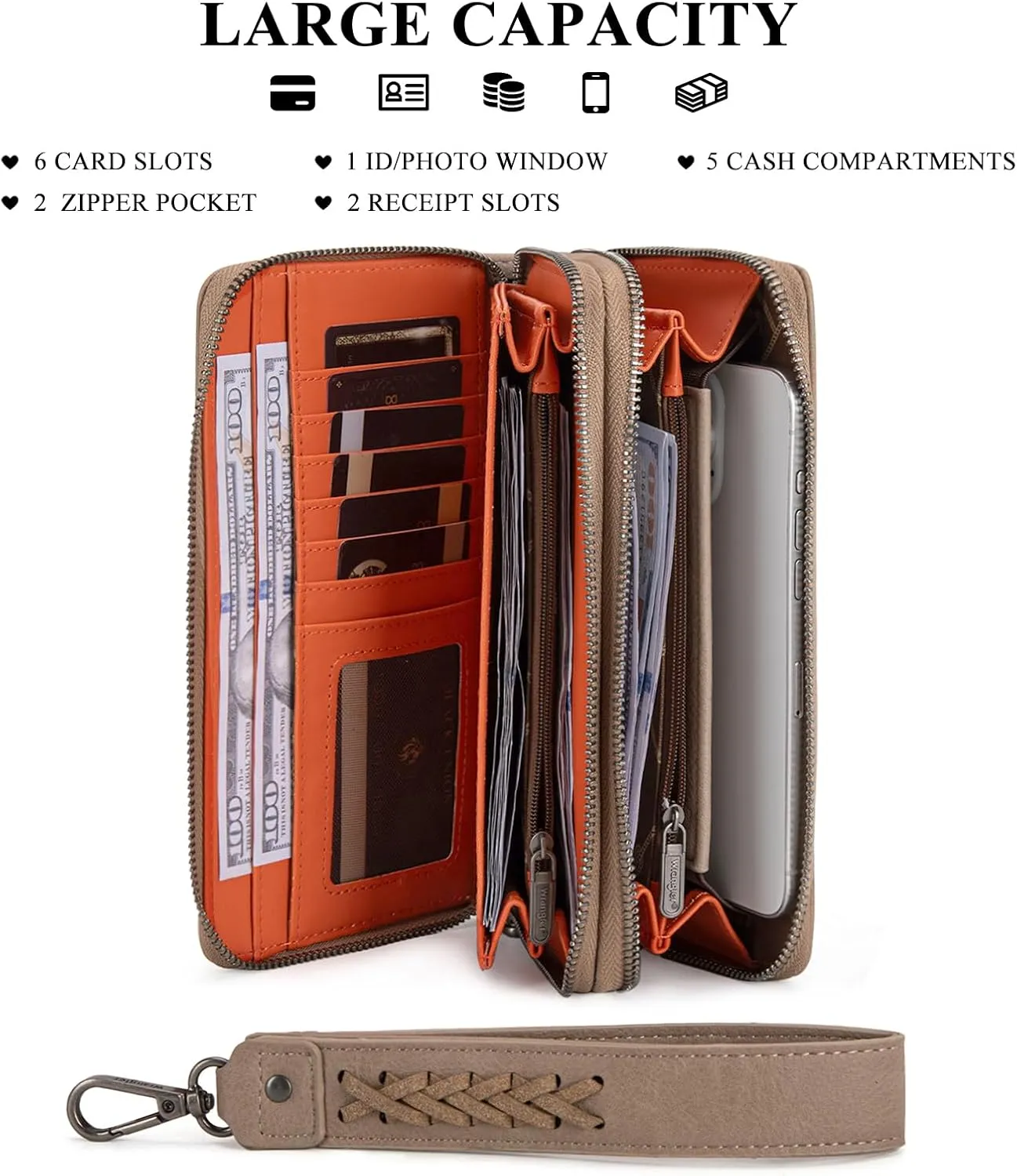 Montana West X Wrangler Large Capacity Women Wristlet Dual Zipper Wallet with Id Window and Smooth Metal Zipper