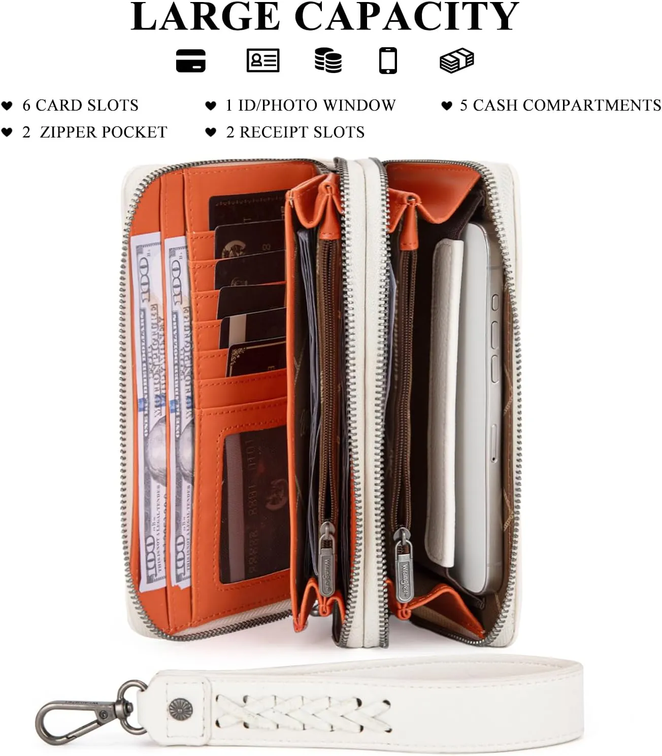 Montana West X Wrangler Large Capacity Women Wristlet Dual Zipper Wallet with Id Window and Smooth Metal Zipper