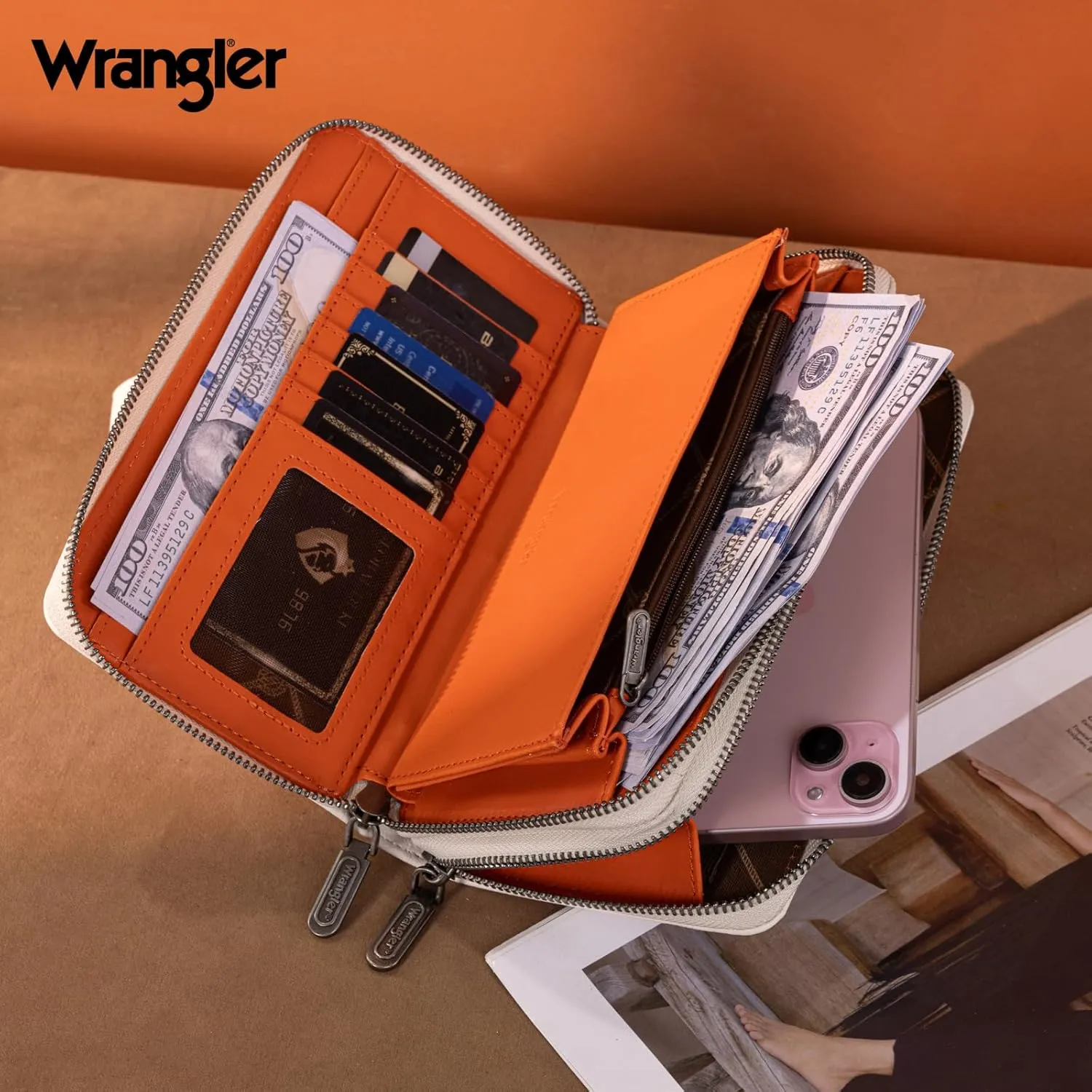 Montana West X Wrangler Large Capacity Women Wristlet Dual Zipper Wallet with Id Window and Smooth Metal Zipper