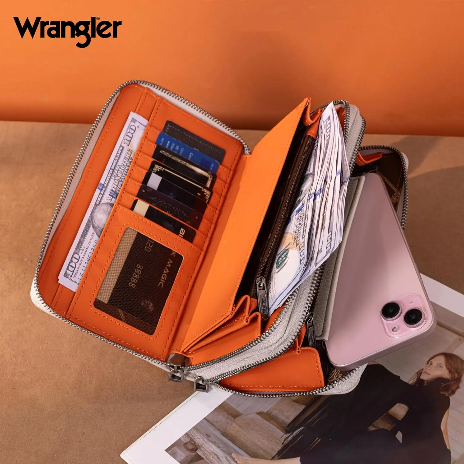 Montana West X Wrangler Large Capacity Women Wristlet Dual Zipper Wallet with Id Window and Smooth Metal Zipper