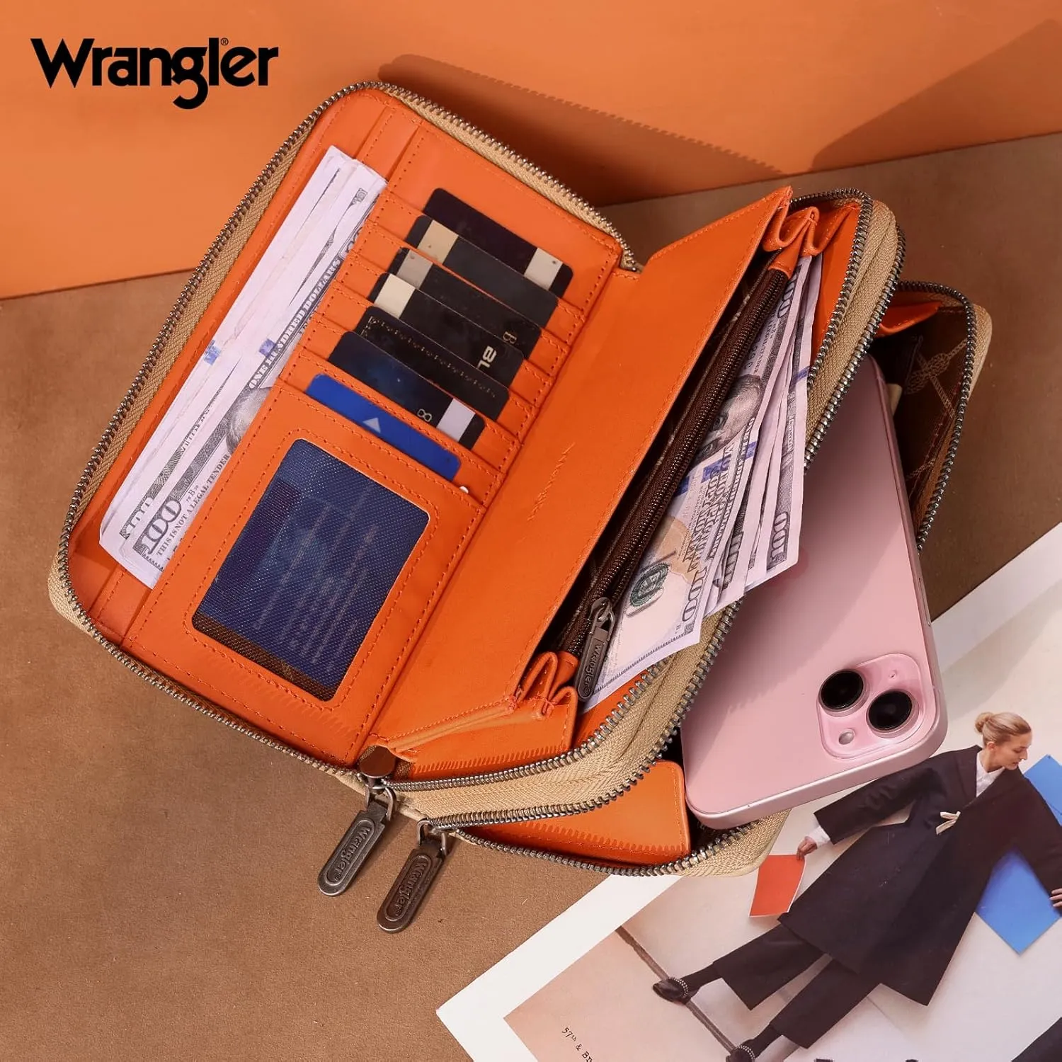 Montana West X Wrangler Large Capacity Women Wristlet Dual Zipper Wallet with Id Window and Smooth Metal Zipper