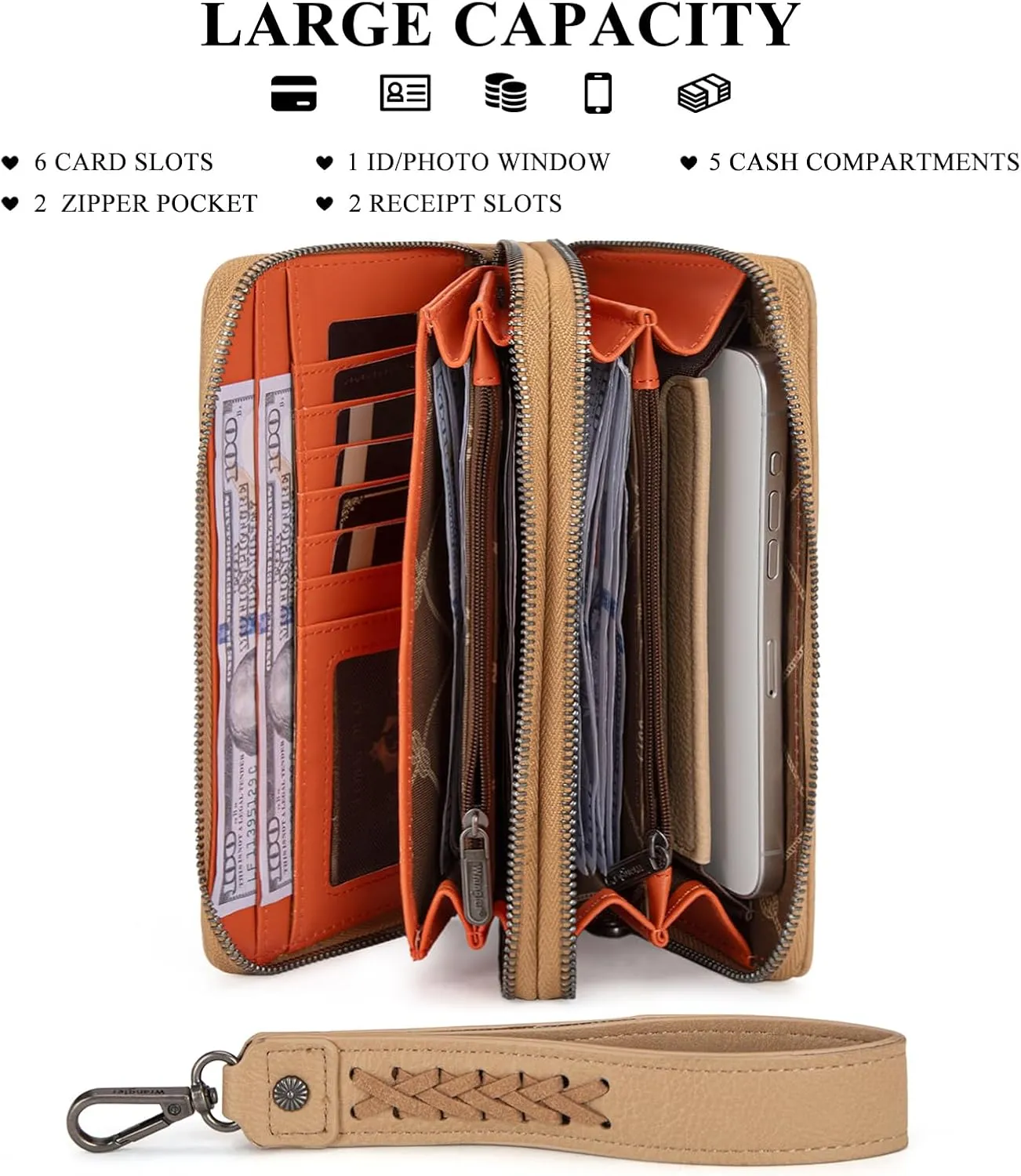 Montana West X Wrangler Large Capacity Women Wristlet Dual Zipper Wallet with Id Window and Smooth Metal Zipper