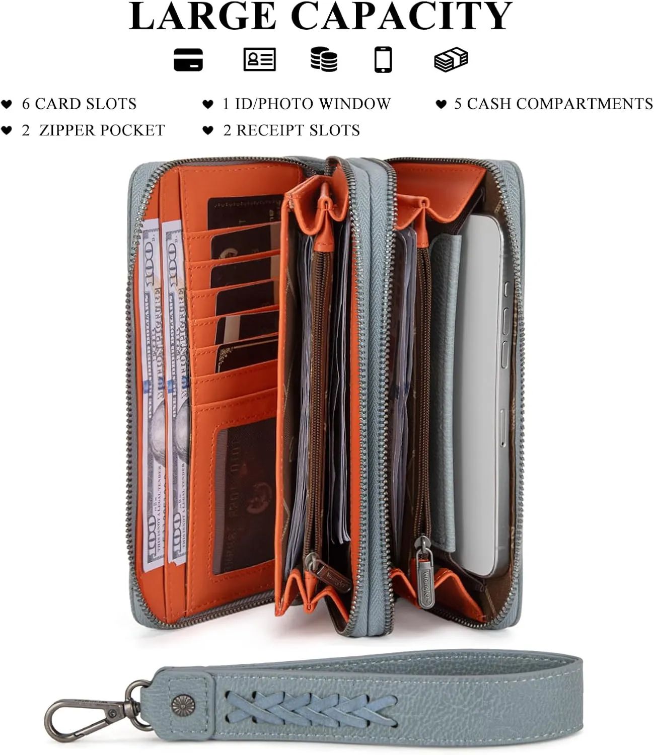 Montana West X Wrangler Large Capacity Women Wristlet Dual Zipper Wallet with Id Window and Smooth Metal Zipper